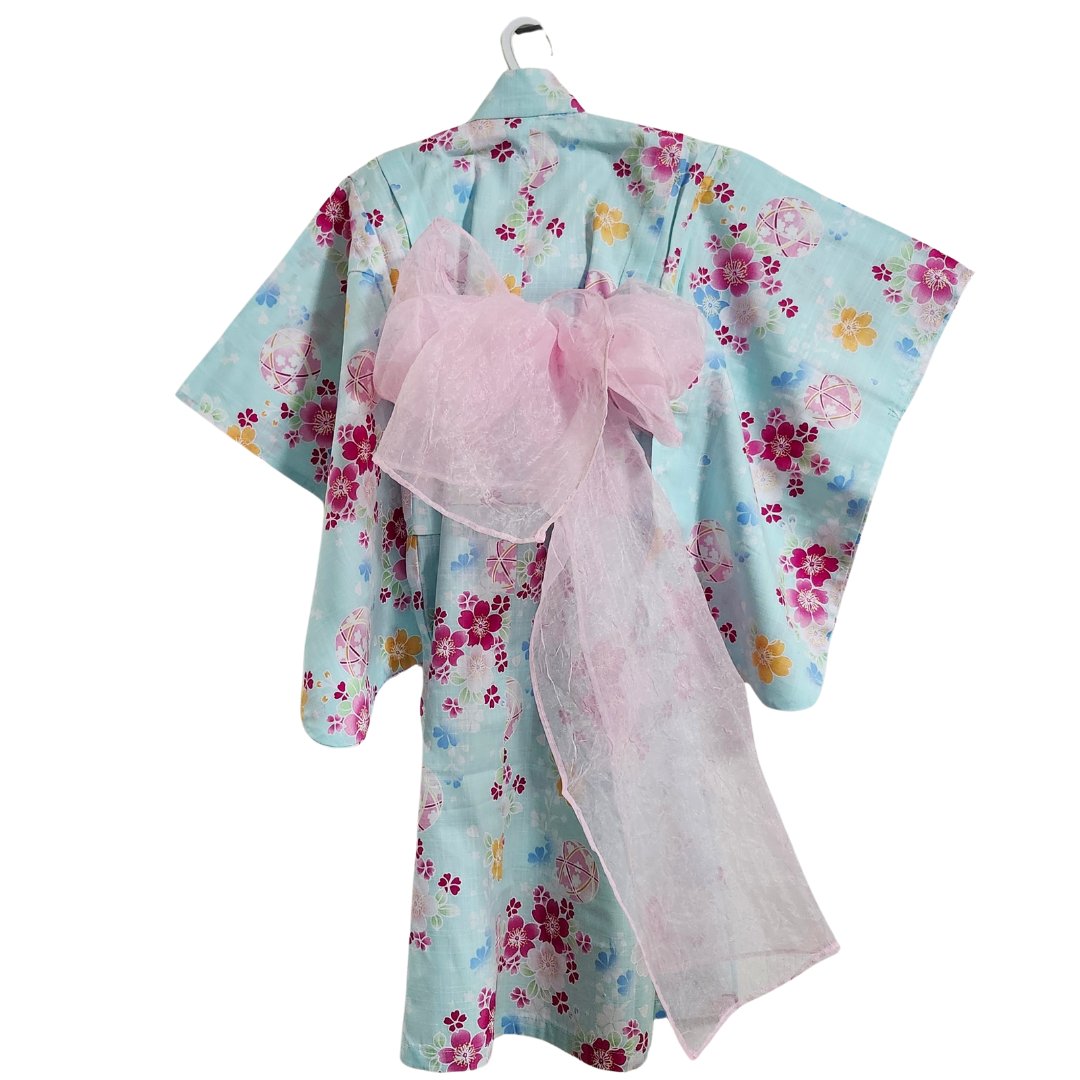 Yukata Girls - Light blue with hearts and pink & orange