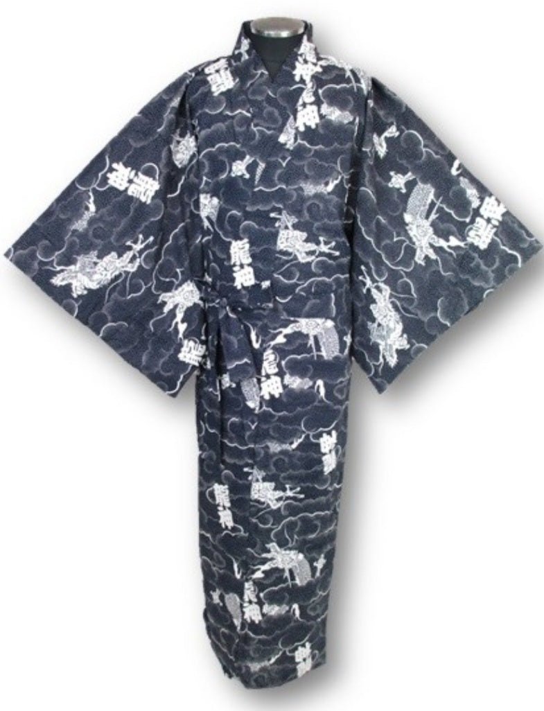 Mens Japanese Yukata Cool Waves Blue M-3XL. Cotton uisex kimono