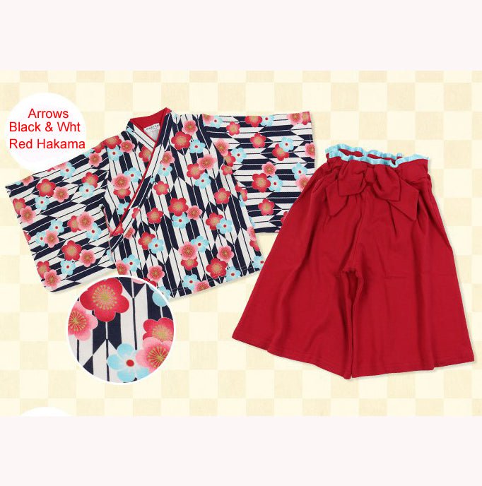 送料無料 通販 激安 Whie & Black - Set Hakama & Kimono Girls Arrows plum Ume Girls
