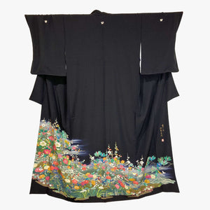 Vintage Traditional Homongi Kimono - Black with colorful floral design - Pac West Kimono