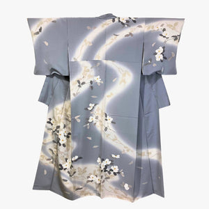 Vintage Traditional Komon Kimono - Grey with white flowers - Pac West Kimono