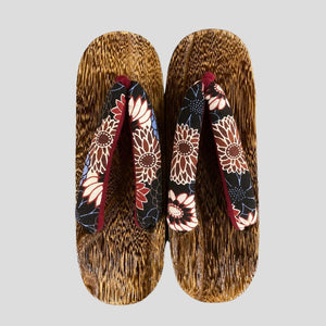 Women's Wooden Geta Sandals - Red and navy blue floral pattern - Pac West Kimono