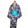 Women's Yukata - black and grey striped with purple/white flowers.