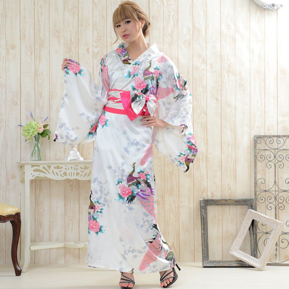 white satin kimono dress S/M / White Long bridal kimono robe