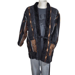 Traditional Japanese Hanten coat (unisex) - boa fleece lined brown - black - Pac West Kimono