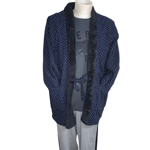 Traditional Japanese Hanten coat (unisex) - boa fleece lined Navy white lines - Pac West Kimono