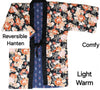 Traditional Japanese reversible Hanten coat - Floral print and blue asanoha print - Pac West Kimono