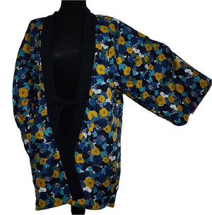 Traditional Japanese reversible Hanten coat - red fans and flowers/ blue flowers - Pac West Kimono