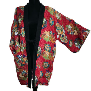 Traditional Japanese reversible Hanten coat - red flowers/ purple - Pac West Kimono