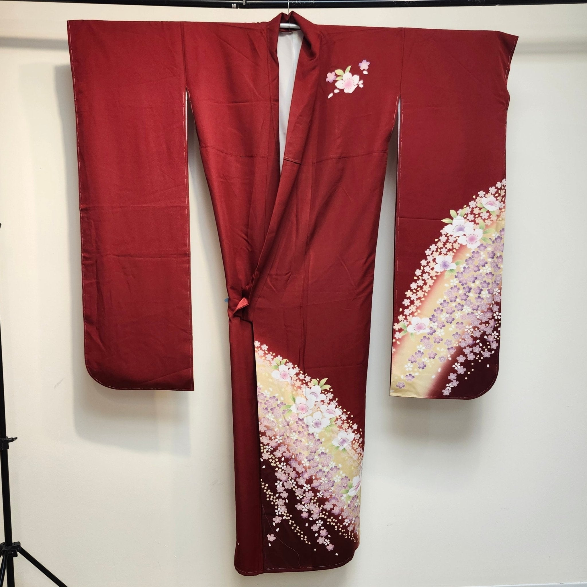 Vintage Traditional Furisode Kimono - dark red cherry blossoms