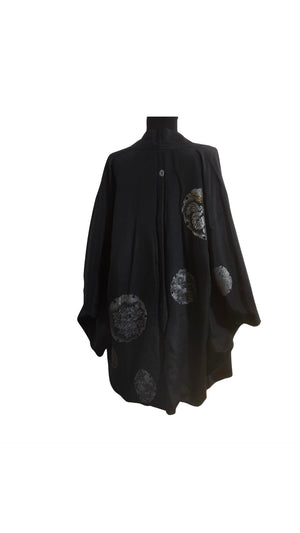 Vintage Traditional Haori Coat - Black with brown and silver circular designs - Pac West Kimono