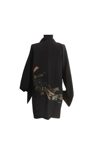 Vintage Traditional Haori Coat - Black with glittery gold flowers and ribbons designs - Pac West Kimono