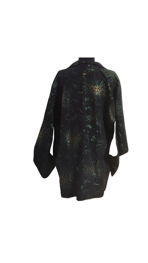 Vintage Traditional Haori Coat - Black with green glittery flower and silver design - Pac West Kimono