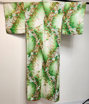 Vintage Traditional Homongi Kimono - green and cream with leaves and flowers - Pac West Kimono