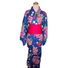 Women's Yukata - blue with purple butterflies and pink flower print. - Pac West Kimono