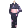 Women's Yukata - dark indigo with pink flower print. - Pac West Kimono