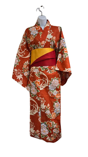 Women's Yukata - reddish orange with floral print - Pac West Kimono