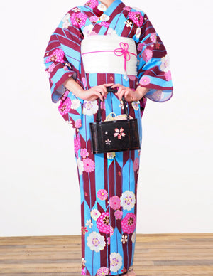 Women's Yukata - wine, blue and pink arrows and cherry blossom print - Pac West Kimono