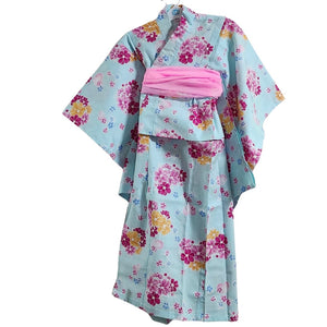 Yukata Girls - Light blue with hearts and pink & orange flowers - Pac West Kimono