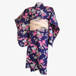 Yukata Girls - Navy blue with yellow butterfly and pink floral design - Pac West Kimono