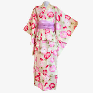Yukata Girls - Off-white with pink morning glory floral design - Pac West Kimono