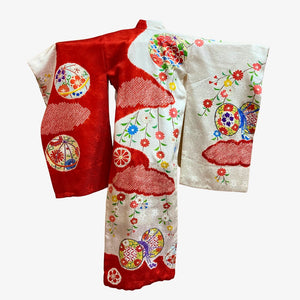 Girls Authentic Vintage Kimono - Red and white with tamari design - Pac West Kimono