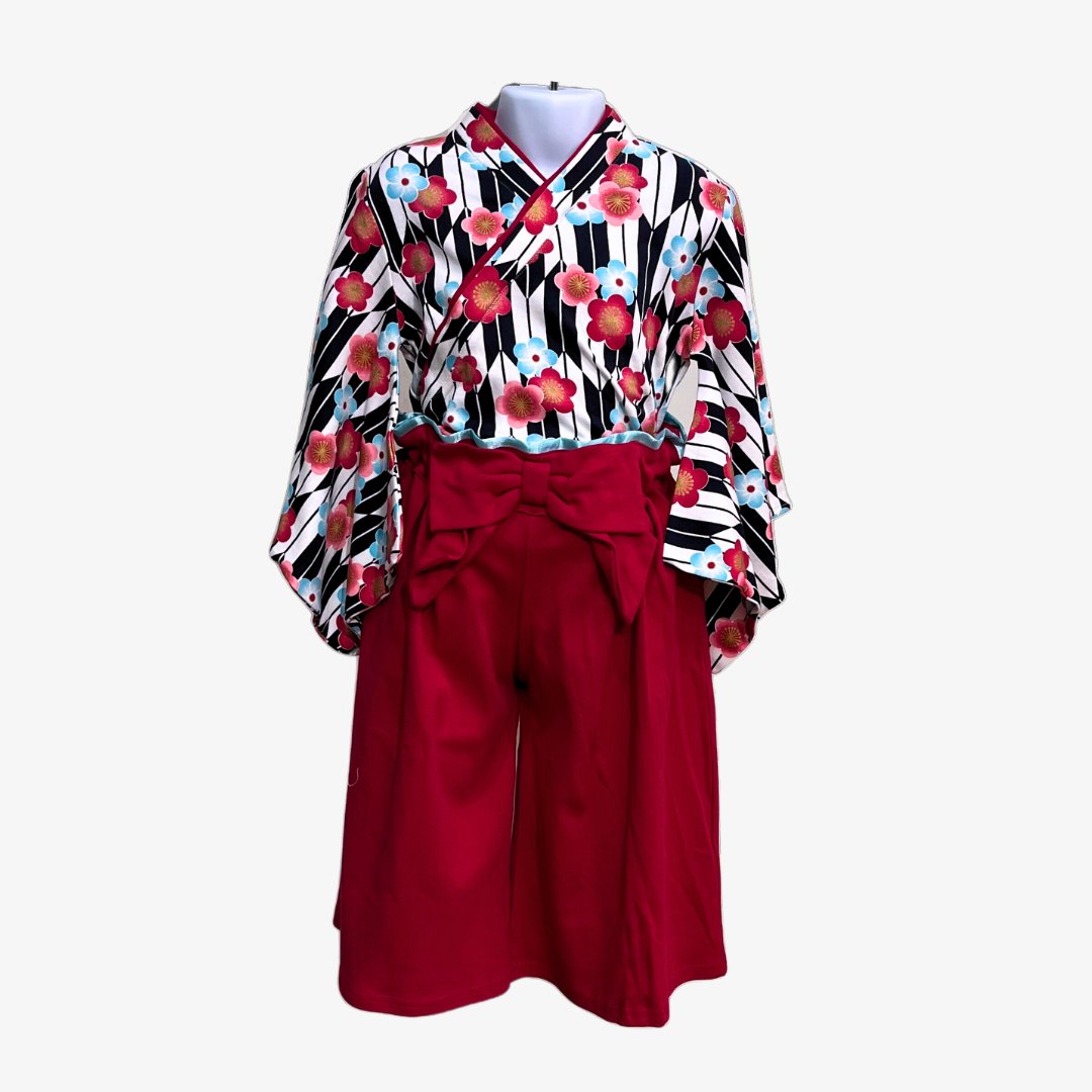 Girls Kimono & Hakama Set - Black & Whie Arrows Ume plum flowers