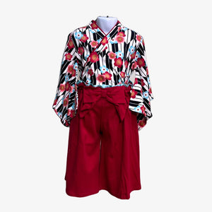 Girls Kimono & Hakama Set - Black & Whie Arrows Ume plum flowers. Red Hakama - Pac West Kimono