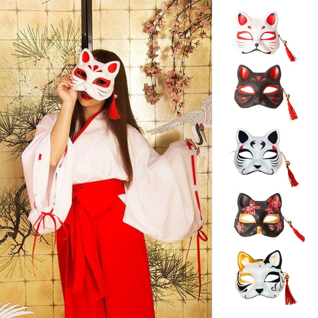 Hand Painted Kitsune Fox Mask - White and Red