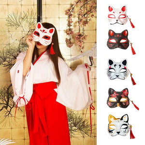 Hand Painted Kitsune Fox Mask - White and Red - Pac West Kimono