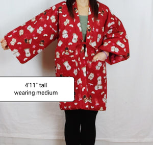 Japanese traditional warm Hanten coat. Women's/Girl's. Cute red Maneki neko, lucky cat design Chanchanko comfy light padded jacket - Pac West Kimono