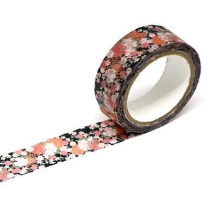 Japanese washi paper tape roll. Beautiful Floral design. Black - Pac West Kimono