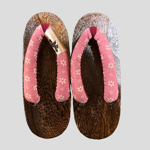 Kid's Wooden Geta Sandals - Pink with white floral print - Pac West Kimono