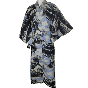 Mens Cotton Yukata - Waves light blue-beige - Pac West Kimono