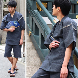Mens Japanese Jinbei 2pc pajama /lounge wear set. Solid color Navy/Slate grey L-XL - Pac West Kimono