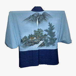 Mens Reversible Vintage Haori Coat - Blue with waterfall and river design - Pac West Kimono