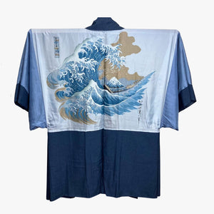 Mens Reversible Vintage Haori Coat - Blue with wave design - Pac West Kimono