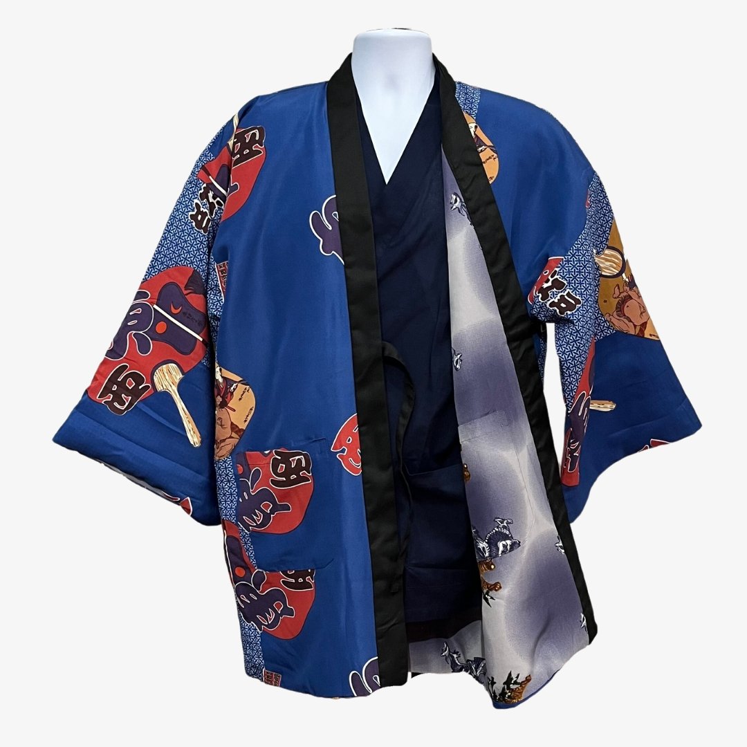 Mens traditional Japanese reversible Hanten coat Sumo, tiger and