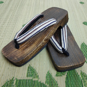 Mens Wooden Geta Sandals - White, brown and navy stripes - Pac West Kimono