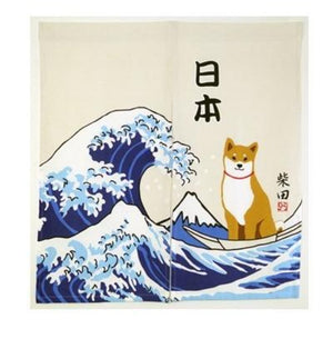 Noren Tapestry - Hokusai Waves and Shiba Inu - Pac West Kimono