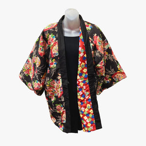 Traditional Japanese reversible Hanten coat - Black floral pattern and colorful crane origami print - Pac West Kimono