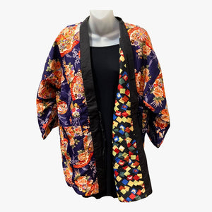 Traditional Japanese reversible Hanten coat - Blue floral pattern and colorful crane origami print - Pac West Kimono