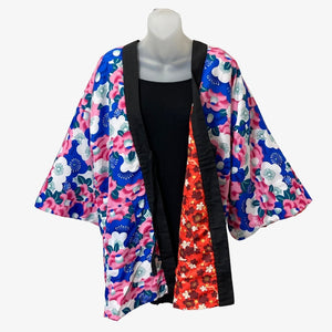 Traditional Japanese reversible Hanten coat - blue flower print and orange flower print - Pac West Kimono