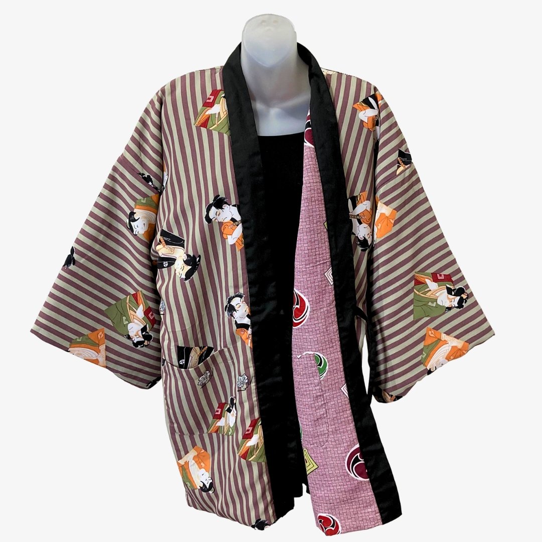 Traditional Japanese reversible Hanten coat (unisex) Stripe kabuki print  in brown - Main Image