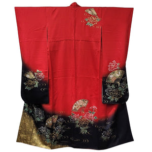 Vintage Traditional Furisode Kimono - Red gold and blacl with fans - Pac West Kimono