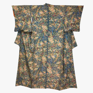 Vintage Traditional Homongi Kimono - Blue and green abstract floral design - Pac West Kimono