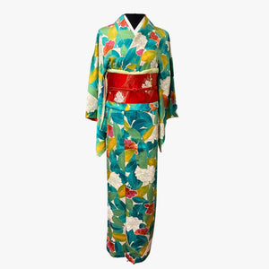 Vintage Traditional Homongi Kimono - Green and turquoise leaf and flower design - Pac West Kimono