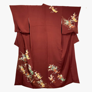 Vintage Traditional Homongi Kimono - Maroon with flower bouquet design - Pac West Kimono
