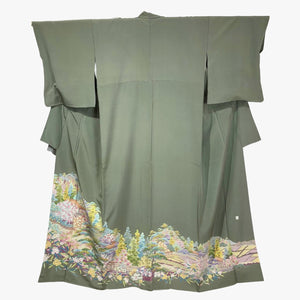 Vintage Traditional Homongi Kimono - Olive green with colorful Japanese landscape design - Pac West Kimono