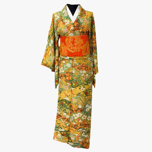 Vintage Traditional Homongi Kimono - Orange and green floral design - Pac West Kimono
